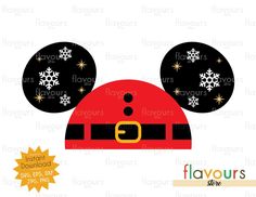 mickey mouse hat with snowflakes on it and the word happy holidays in red