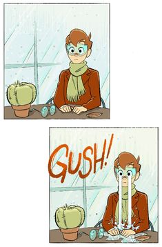 two comics depicting the same person sitting at a table in front of a window with cactuses