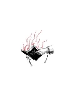 a drawing of a hand holding a book with flames coming out of it