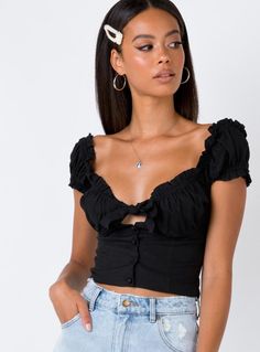 Elouise Crop Top Black | Princess Polly Black Cropped Ruffle Crop Top, Trendy Ruched Cropped Crop Top, Trendy Fitted Crop Top With Smocked Bodice, Flirty Cropped Top For Date Night, Fitted Smocked Bodice Trendy Crop Top, Fitted Smocked Bodice Crop Top, Cropped Blouse For Date Night, Fitted Button Crop Top For A Day Out, Fitted Crop Top With Buttons For Day Out