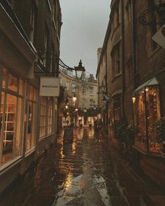 an alley way with buildings and lights on the side walk in the rain at night