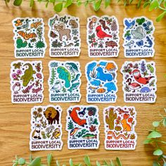 stickers with different types of animals and plants on wooden table next to green leaves