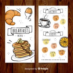 two breakfast menus on wooden background