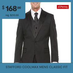 This single-breasted men's tuxedo jacket from Stafford is the perfect companion for a special occasion. It's cut for a classic-fit from a stretch wool-blend with Coolmax technology added for comfort and is designed with a notch collar, peak lapels, and multiple pockets to conceal your small essentials. Pair with the matching tuxedo pants and sleek oxfords for a wedding.Front Style: Single BreastedFeatures: Stretch Fabric, Interior Pockets, LinedClosure Type: ButtonFit: Classic FitPockets: 2 Ins… Men's Tuxedo, Tuxedo Pants, Tuxedo For Men, Tuxedo Jacket, Notch Collar, Suit Jackets, Single Breasted, Stretch Fabric, Wool Blend