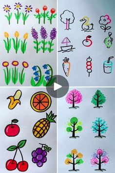 four different pictures of fruit and vegetables drawn on paper