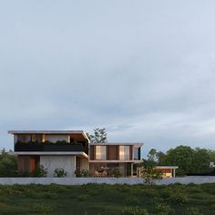 a modern house in the middle of a grassy area with trees and bushes around it