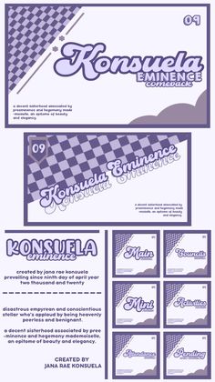 some type of business cards with purple and white designs on them, all in different colors