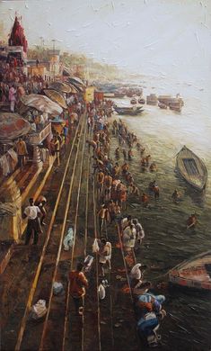 an oil painting of people walking on train tracks next to the water with boats and buildings in the background