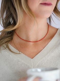 red coral 16 tiny gemstone necklace | radiant malsas | handmade in boulder, colorado Red Coral Necklace, New Experiences, Coral Necklace, Crystal Meanings, Coral Beads, Heart And Mind, Red Coral, Negative Energy, Cotton Bag