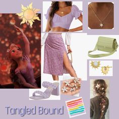 Cartoon Outfits Ideas Disney, Tangled Outfit Aesthetic, Rapunzel Outfit Aesthetic, Disney Bounding Princesses, Rapunzel Disney Bounding, Casual Cosplay Disney, Tangled Inspired Outfits, Rapunzel Inspired Outfits