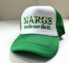 Margs made me do it Trucker Hat.  Great for spring break, summer, vacations by the lake. Foam Hats, Bachelorette Hats, Pink Seersucker, Geaux Tigers, Drinking Quotes, Funny Hats, Summer Vacations, Bach Party, By The Lake