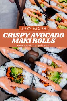 sushi rolls with sauce drizzled over them and topped with broccoli