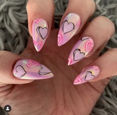 Valentine’s Day Nails Acrylic 2024, Candy Heart Nail Designs, Valentine Stilleto Nails Designs, Iridescent Valentines Nails, Valentine Character Nails, Punk Valentines Nails, Chrome Nails With Hearts, Cupid Nails Designs, Alt Valentines Nails