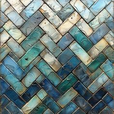 a blue and green mosaic tile pattern in the shape of a chevron herringbone