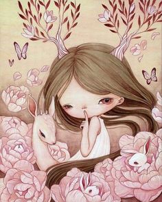 a painting of a girl holding a rabbit in her lap with pink flowers around her