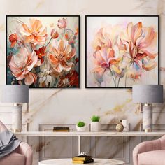 two paintings on the wall in a living room with pink chairs and a coffee table