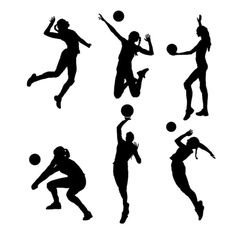 six silhouettes of women playing basketball and jumping up to hit the ball with their hands