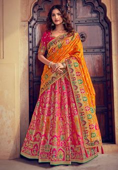 Pink silk embroidered lehenga choli 4912  Desc:  Style : Circular Lehenga Choli Color : Orange   Pink Fabric : Silk Work : Embroidery Wash Care : Dry clean Sleeve Style : Half Sleeve Long Sleeves : Done only in Custom Stitch Sleeves Lining : Done only in Custom Stitch Bust Size : 32 to 42 Inches Occasion : Diwali   Mehendi   Sangeet   Engagement   Reception   Ceremonial   Baby Shower. With Express Free Shipping and Custom Stitching, Buy Indian Wedding Party Wear Saree Pink silk embroidered lehen Silk Lehenga Banarasi, Wedding Half Saree, Lehenga Banarasi, Sari Lehenga, Indian Wedding Lehenga, Cultural Fashion, Silk Lehenga Choli, Choli Blouse, Lehenga Online