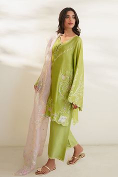 Winter Suits Pakistani, Green Organza Lawn Suit For Eid, Elegant Green Lawn Suit In Organza, Elegant Green Organza Lawn Suit, Spring Kurta With Chikankari Embroidery In Tissue Silk, Spring Chikankari Embroidery Tissue Silk Kurta, Traditional Silk Palazzo Set For Summer, Designer Tissue Silk Kurta For Spring, Unstitched Organza Sets In Green