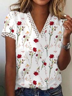 Boho V Neck Floral Short Sleeve T-shirt Lace Trim Shorts, Shirts Women Fashion, Loose Outfit, Floral Short, Loose Shorts, Boho Stil, Lace Sleeves, Cotton Style, Plus Size Tops