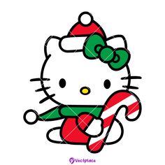 a hello kitty holding a candy cane