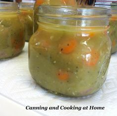 three jars filled with food sitting on top of a table next to each other and the words canning and cooking at home written below