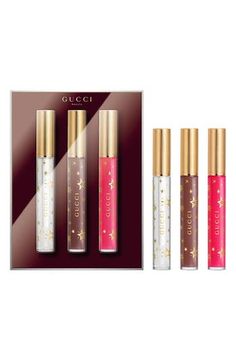 What it is: A limited-edition set featuring three shades of signature plumping lip gloss that makes the lips look soft and smooth, with a beautiful wash of color.What it does: A sheer lip gloss that provides an instant plumping effect with a crystal-shine finish. The powerful blend of lip care and plumping ingredients leaves lips feeling hydrated for up to 8 hours, thanks to a combination of ginger roots and capsicum extracts. Hydrating properties coming from hyaluronic acid are accompanied by t Gucci Makeup, Makeup Gift Set, Ginger Roots, Makeup Gift Sets, Plumping Lip Gloss, Gift Sets For Women, Makeup Gift, Shoe Boutique, Lip Moisturizer