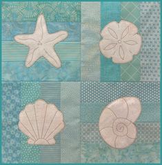 four different pictures of seashells and starfish on blue quilted fabric with white stitching