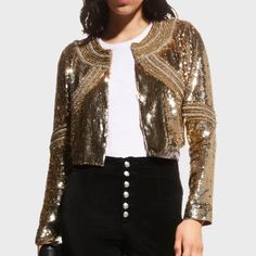 Venturing Down A More Statement-Making Route, Veronica Beard Elevates Her Cropped Phaedra Jacket With All-Over Sequin Detailing And Assertive Embellishments. Style Yours With A Chic Leather Pant And Metal-Coordinating Jewels. Style Number: 2210em2910310 Fabric: 100% Polyester Hook And Eye Front Closure Dry Clean Imported Length From Shoulder To Hem: 19" Luxury Outerwear For Night Out, Luxury Metallic Party Outerwear, Elegant Metallic Outerwear With Sequins, Elegant Metallic Sequined Outerwear, Luxury Silver Outerwear For Parties, Glitter Beards, Veronica Beard Blazer, Christmas Jacket, Chic Leather