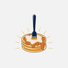 a stack of pancakes with a fork sticking out of it's center, on a white background