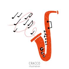 an orange saxophone with musical notes coming out of it