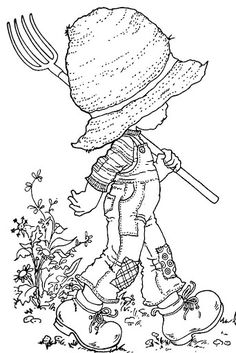 a black and white drawing of a little boy with a hat on holding a shovel