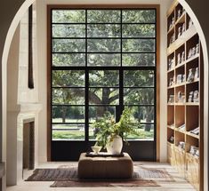 an arched window in a room with bookshelves and plants on the shelves below