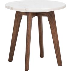 a white table with wooden legs and a round marble top on an isolated white background