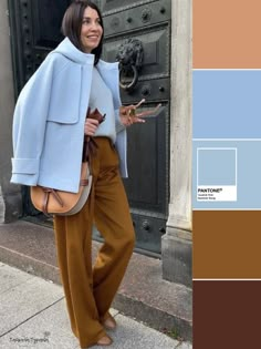 Light Colors Winter Outfit, Light Blue Outfit Color Combos, Light Blue And Navy Outfit, Blue Pants Outfit Winter, Light Blue And Brown Outfit, Color Matching Clothes Women, Color Blocking Outfits Classy, Light Blue Pants Outfit, Brown And Blue Outfit