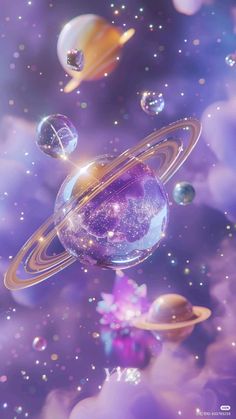 an image of planets in the sky with stars and bubbles around them on a purple background