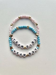 Team boy and Team girl bracelets. Perfect for a gender reveal party! Have guests take a guess at baby's gender and grab a bracelet. When selecting the amount of bracelets in a pack, keep in mind it will be half boy bracelets and half girl bracelets unless we discuss otherwise prior to purchasing.  These are about 7 inches in size. sizes may slightly vary. Please let me know BEFORE purchasing if you need a couple bigger or smaller bracelets.  For special requests such as colors, words, etc, pleas Mom To Be Bracelet, Gender Reveal Bracelets, Boy Bracelets, Baby Shower Party Gifts, Boys Bracelets, Gift Favors, Small Bracelets, Reveal Ideas, Baby Reveal