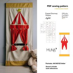 an image of a stuffed animal in front of a sewing pattern for a circus tent