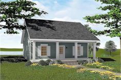 this is a computer rendering of a small house in the grass with trees around it