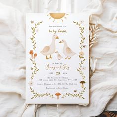 This baby shower invitation design features a cute goose family with their little one, and a whimsical watercolor frame design with greenery, garden flowers and mushrooms. Perfect for the trendy goose/duck theme, or backyard garden baby showers. Baby Shower Invitations Zazzle, Silly Goose On The Loose Baby Shower Theme, Goose Themed Baby Shower Ideas, Goose Baby Shower Ideas, May Baby Shower Themes, Unisex Baby Shower Themes, Creative Baby Shower Themes, April Baby Shower