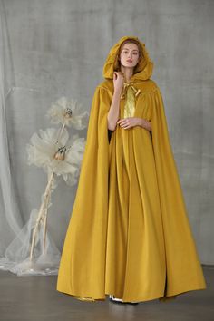 Maxi Wool Cloak Cape | Linennaive Mantel Cape, Wool Cloak, Wedding Cloak, Cape Wedding, Yellow Maxi, Wedding Cape, Hooded Cape, Cashmere Fabric, Wool Cape