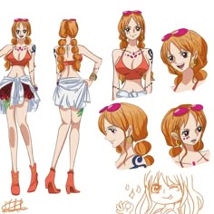 One Piece All Nami Outfits, All Nami Outfits, Nami Inspired Outfits, Nami Stampede Outfit, One Piece Anime Nami Outfits, Nami Hairstyles, One Piece Nami Costume, Nami Outfits Inspired