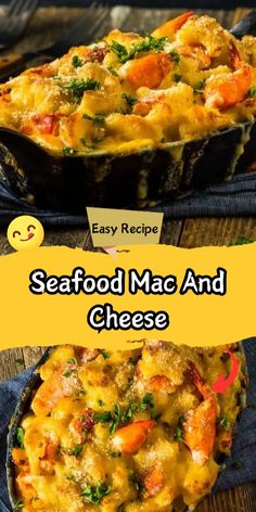 seafood macaroni and cheese casserole is shown in two different pans