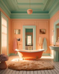 an orange bath tub sitting in a bathroom next to a sink