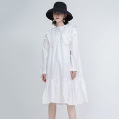 Brand Name: EAMSilhouette: LOOSEOrigin: CN(Origin)Season: Spring/AutumnNeckline: Peter pan CollarSleeve Style: RegularDecoration: NONEStyle: CasualDresses Length: Mid-CalfMaterial: COTTONMaterial: PolyesterSleeve Length(cm): FullWaistline: NaturalPattern Type: Soliditem number: 1Y59701color: white blackSeason: Spring Autumn White Summer Dress With Ruffled Collar, White Cotton Dress For Fall, White Dress With Ruffle Hem And Doll Collar, White Feminine Dress With Ruffled Collar, White Doll Collar Dress With Ruffle Hem, White Dress With Ruffled Collar For Spring, White Dresses With Ruffled Collar For Spring, White Spring Dress With Ruffled Collar, White Cotton Midi Dress For Fall