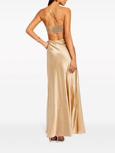 Retrofete Emery Embellished Silk Maxi Dress - Farfetch Backless Gala Evening Dress With Beaded Straps, Backless Evening Dress With Beaded Straps For Gala, Glamorous Evening Dress With Tie Back, Backless Slip Dress With Delicate Straps For Evening, Gold Satin Prom Gown, Formal Embellished Backless Maxi Dress, Glamorous Backless Dress With Spaghetti Straps For Formal Occasions, Glamorous Backless Dress With Spaghetti Straps For Formal Events, Glamorous Backless Spaghetti Straps Dress For Formal Occasions