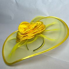 Whittall & Shon Fascinator - Bright Yellow Satin Rose Decorated With Sequins On An Organza Background Trimmed In Yellow Satin 17" Across Satin Covered Headband Has A Strip Of Velvet For A Secure Fit And To Avoid Slippage Perfect For A Wedding, Tea Party, Derby, Etc. Perfect - Never Worn Wedding Tea Party, Wedding Tea, Yellow Satin, Satin Roses, Bright Yellow, Fascinator, Tea Party, Derby, A Wedding