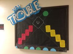 a bulletin board with the word trouble on it