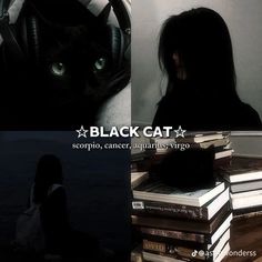 a black cat sitting on top of a pile of books next to a woman with headphones