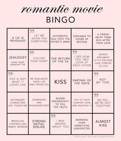 a pink and black poster with the words romantic movie bingo